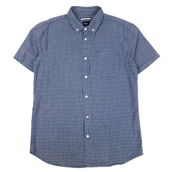 RVCA Flannel Slim Fit Button Down Casual Short Sleeve Shirt Check Navy Blue Gray - Picture 3 of 8